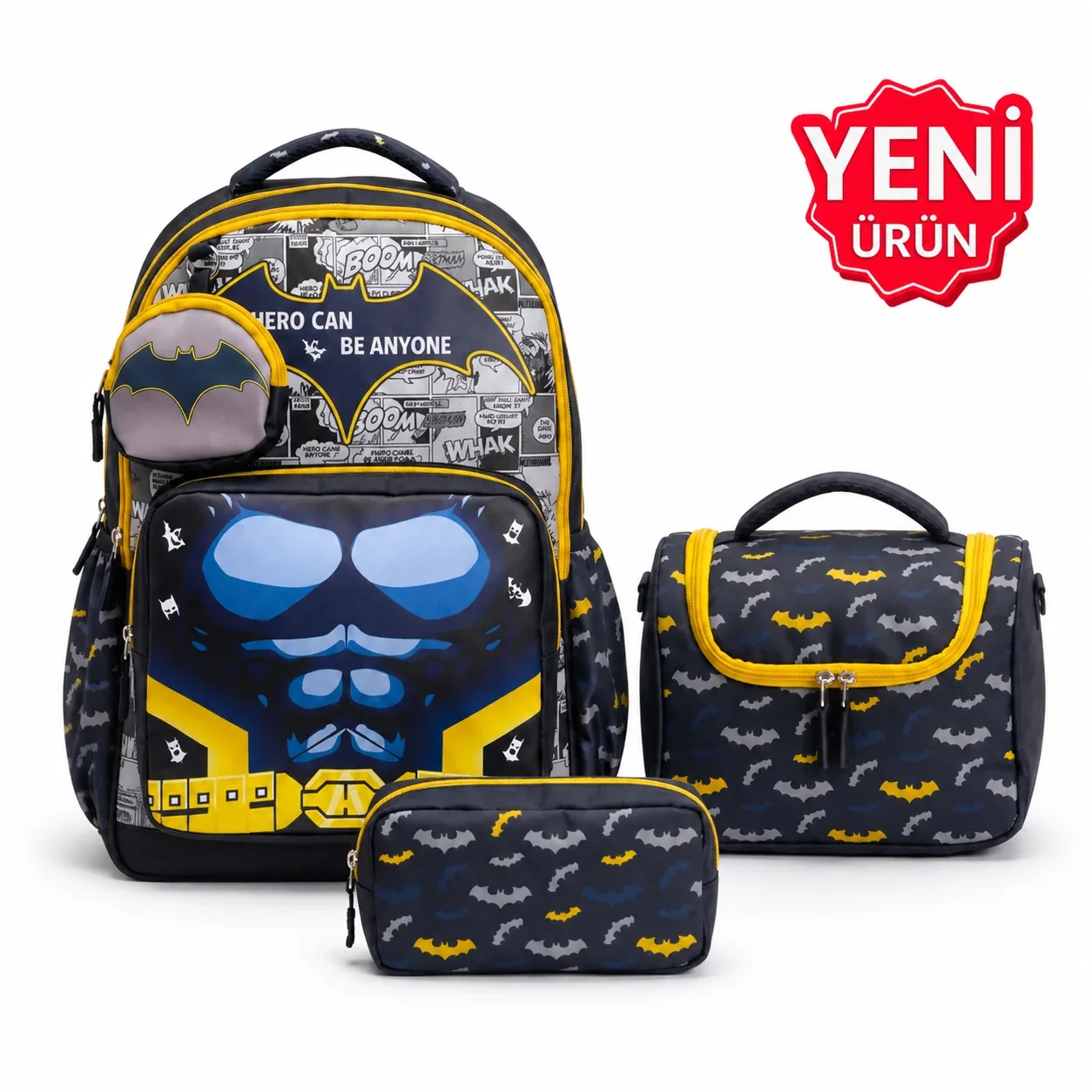 BATMAN 4’lü Set, Erkek Çocuk Desenli İlkokul Okul Çantası + Beslenme Çantası + Kalemlik + Silgilik
